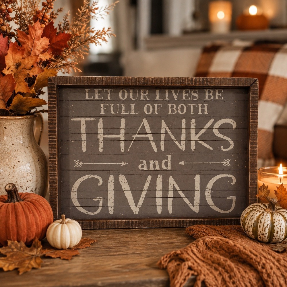Farmhouse Wooden Let Our Lives Be Full Of Both Thanks & Giving Wall Decor